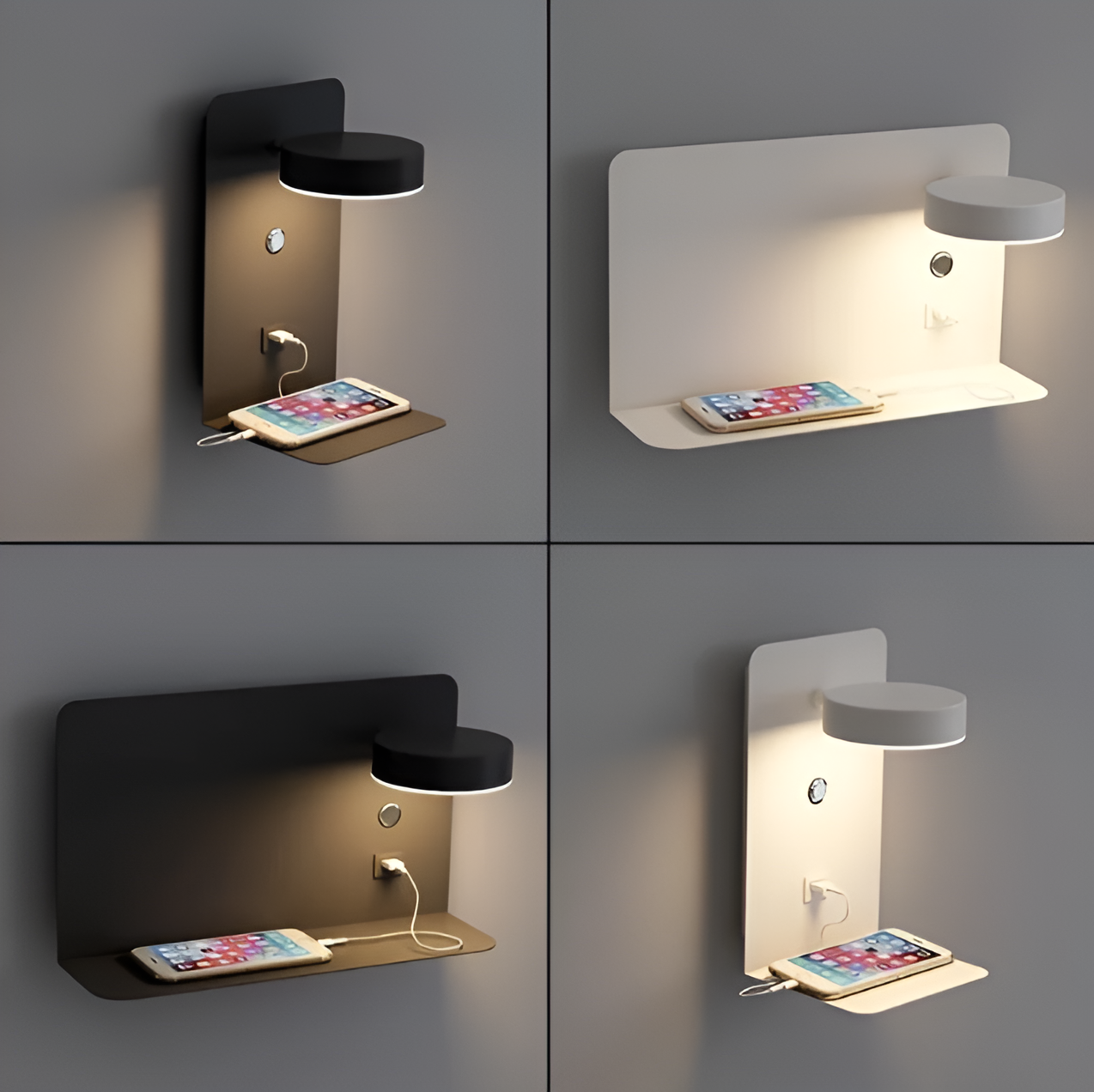 Dimmable Wall Light with Built-In Shelf & USB Charging Port – Bedside & Reading