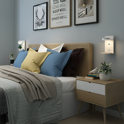 Dimmable Wall Light with Built-In Shelf & USB Charging Port – Bedside & Reading