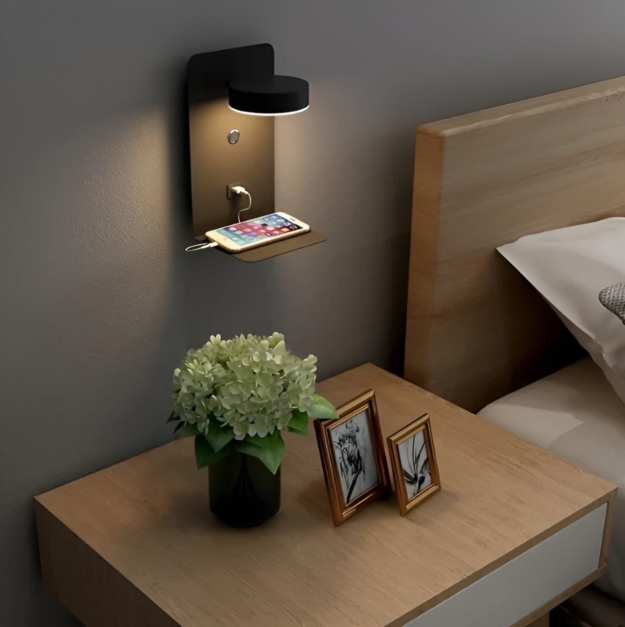Dimmable Wall Light with Built-In Shelf & USB Charging Port – Bedside & Reading