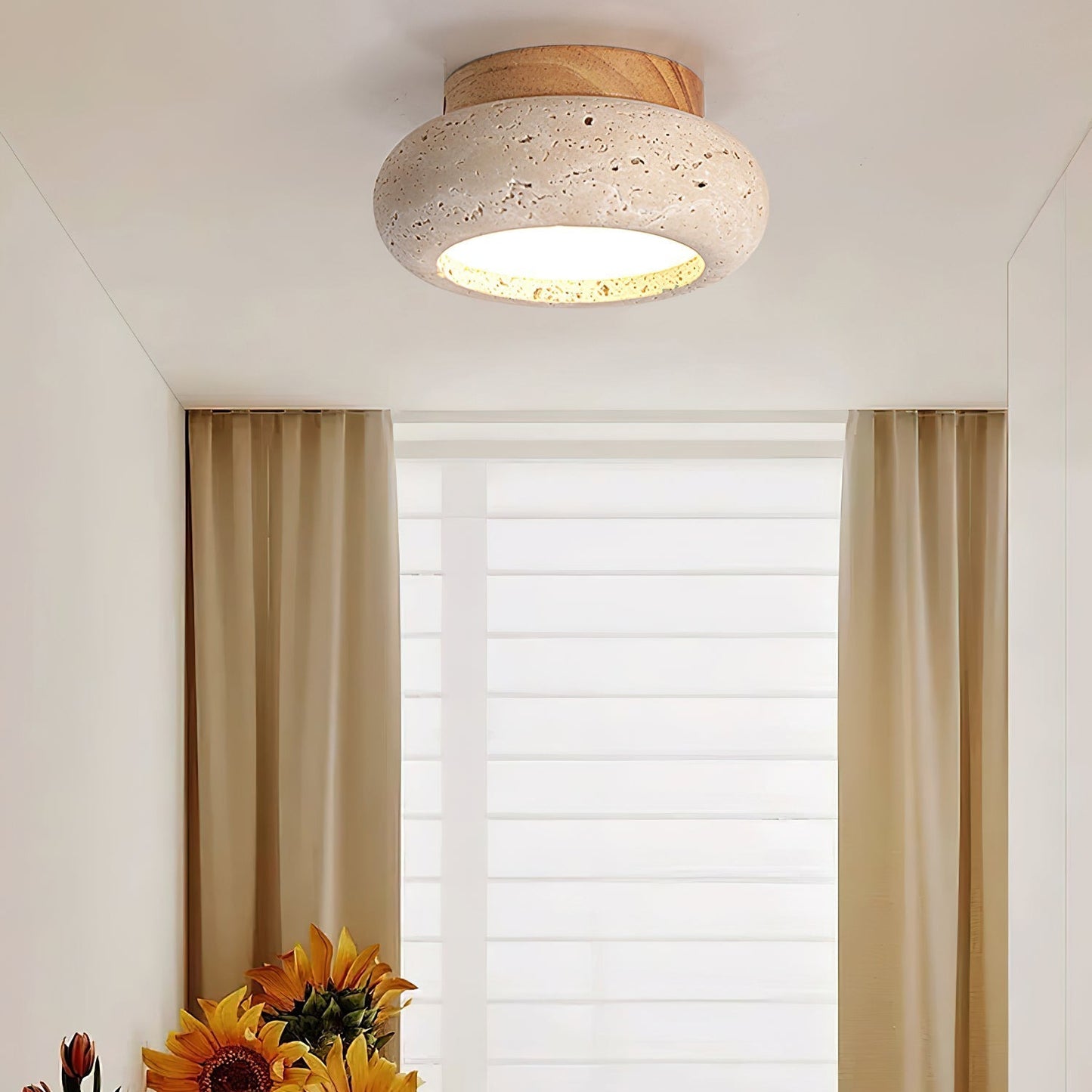 Natural Travertine Stone & Wood Ceiling Light – Integrated 7W LED