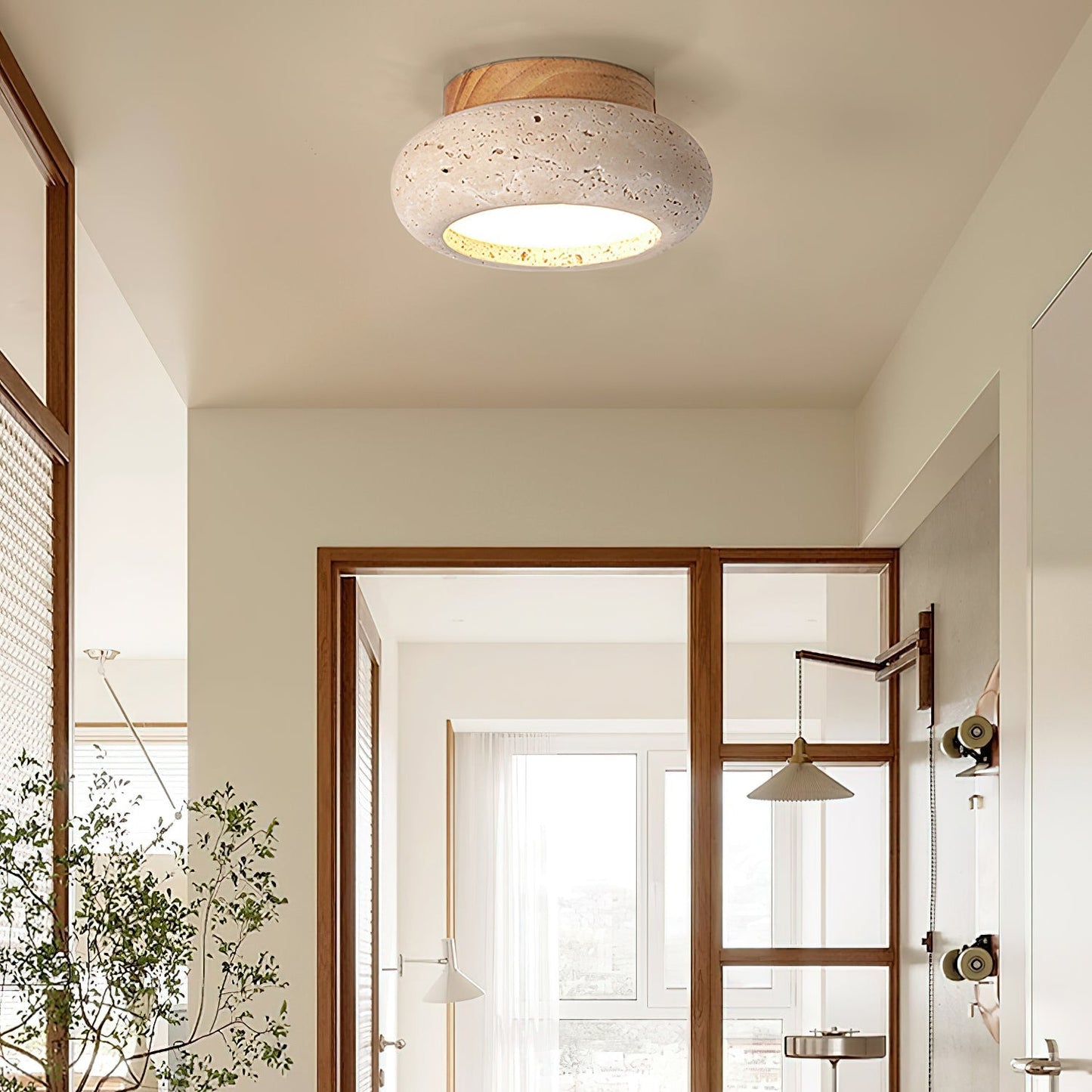 Natural Travertine Stone & Wood Ceiling Light – Integrated 7W LED
