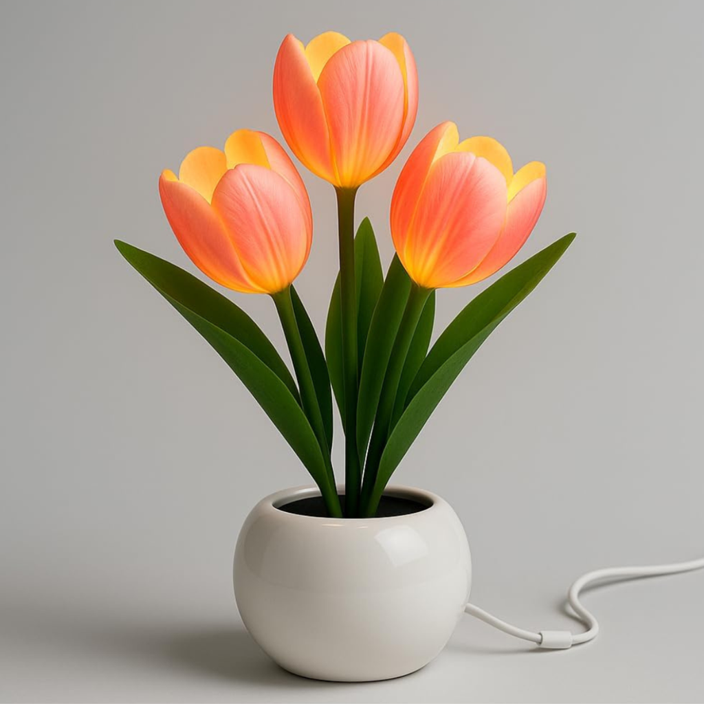 Pink Tulip LED Night Light with Artificial Flowers