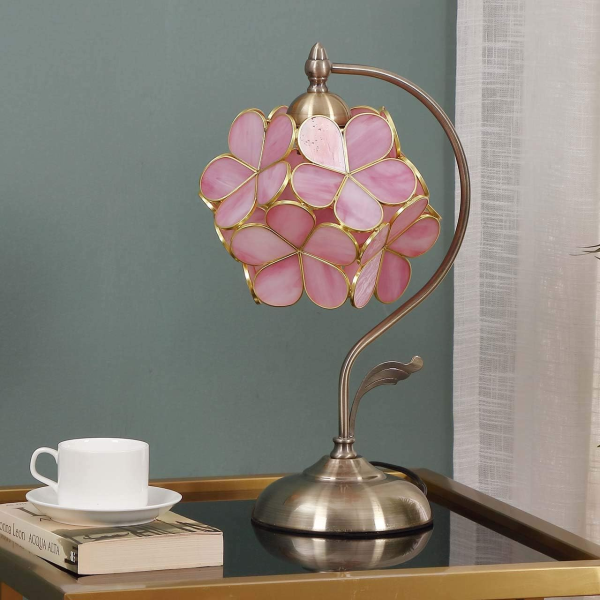 Tiffany Style Stained Glass Table Lamp with Brass Base