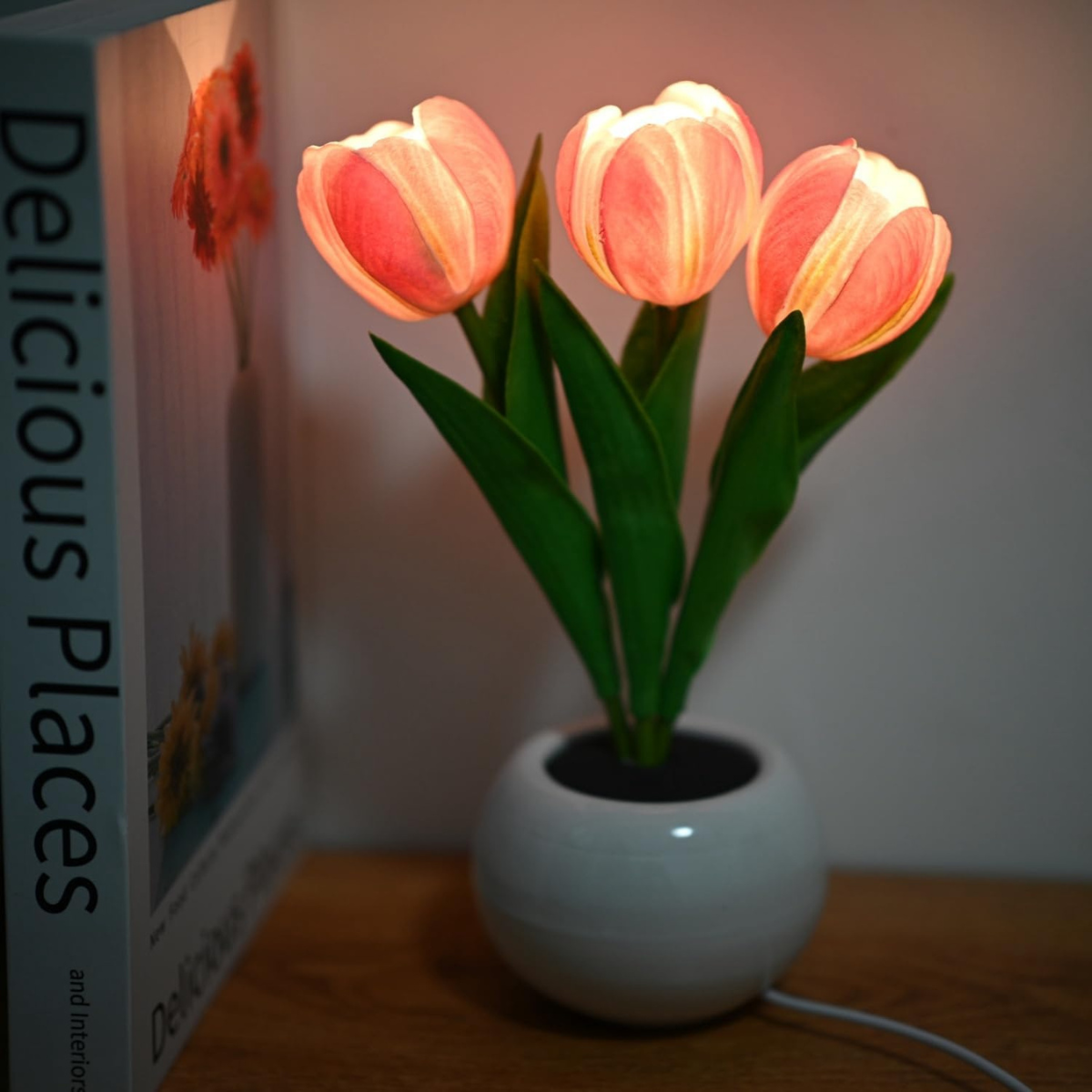 Pink Tulip LED Night Light with Artificial Flowers