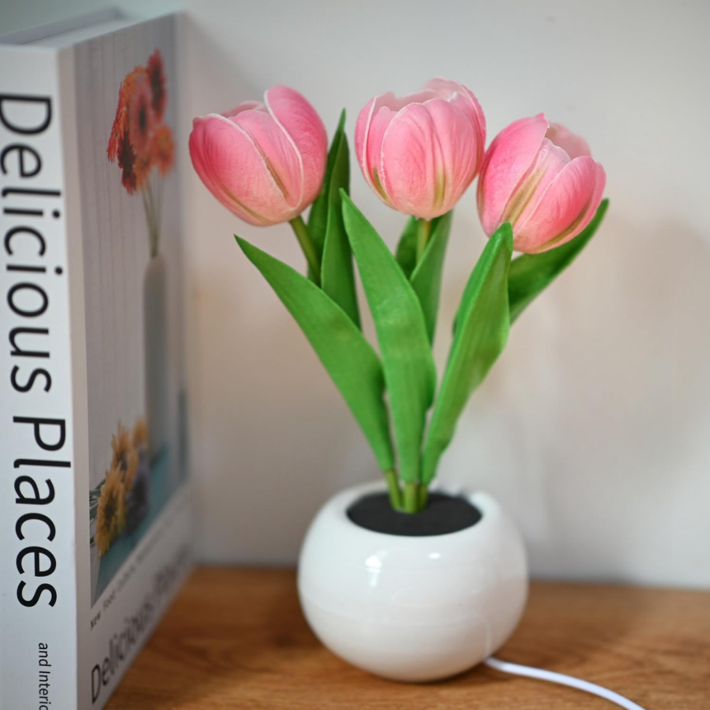 Pink Tulip LED Night Light with Artificial Flowers