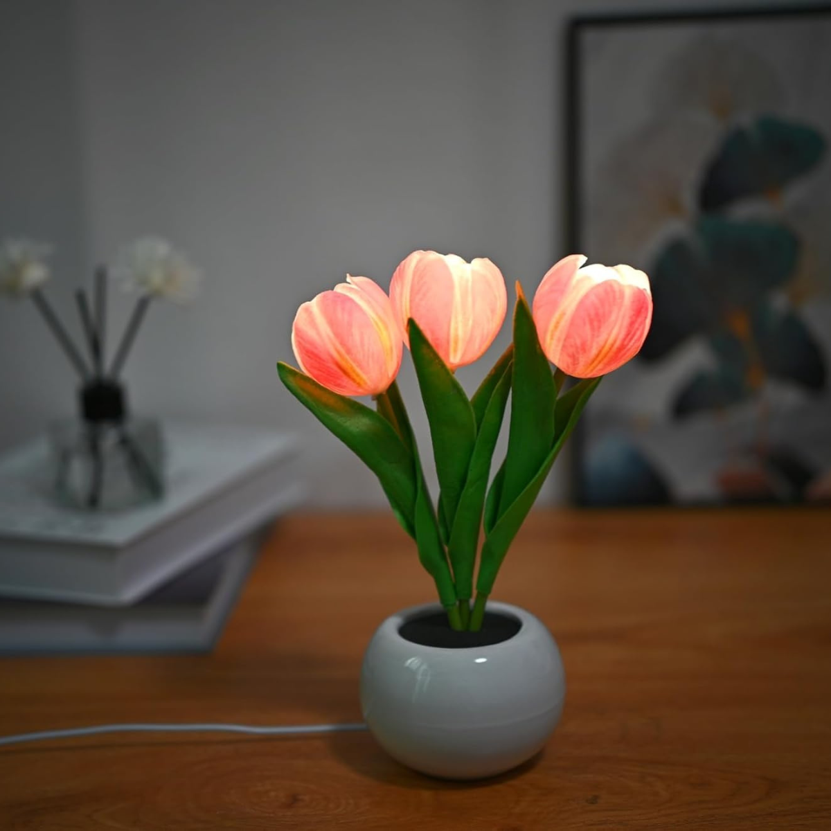 Pink Tulip LED Night Light with Artificial Flowers