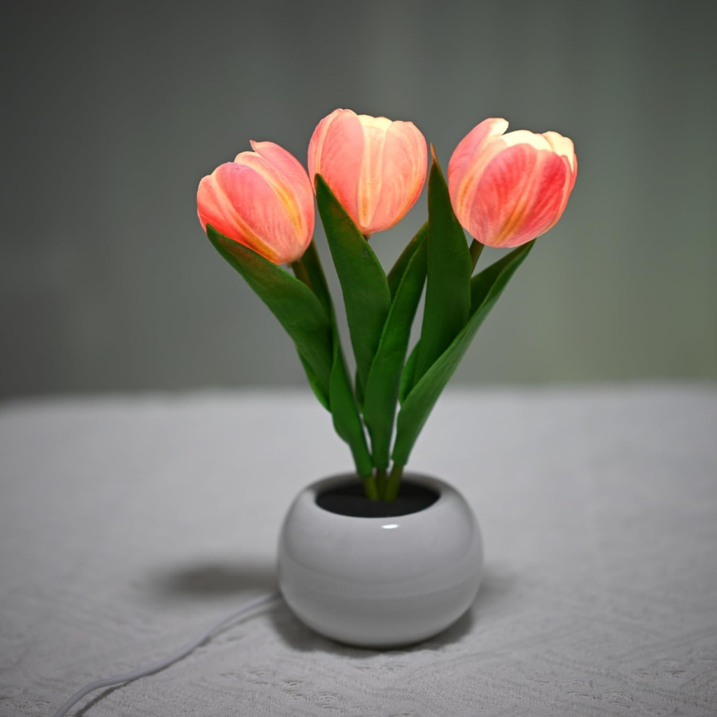 Pink Tulip LED Night Light with Artificial Flowers