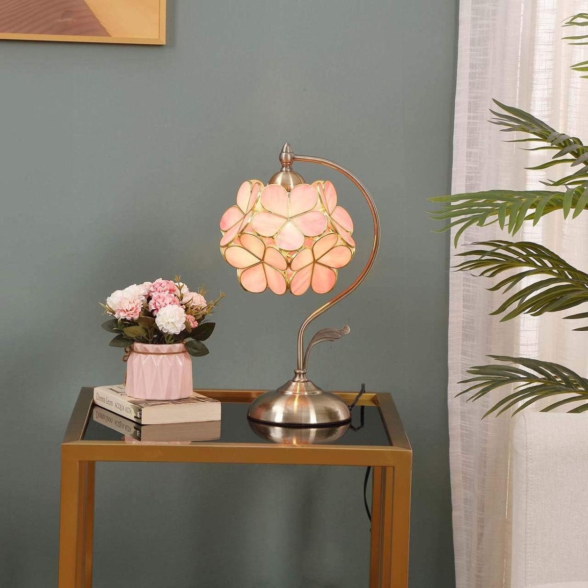 Tiffany Style Stained Glass Table Lamp with Brass Base