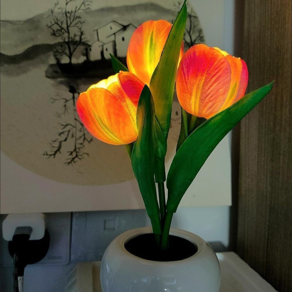 Pink Tulip LED Night Light with Artificial Flowers