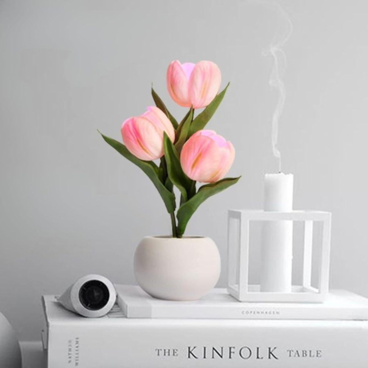 Pink Tulip LED Night Light with Artificial Flowers