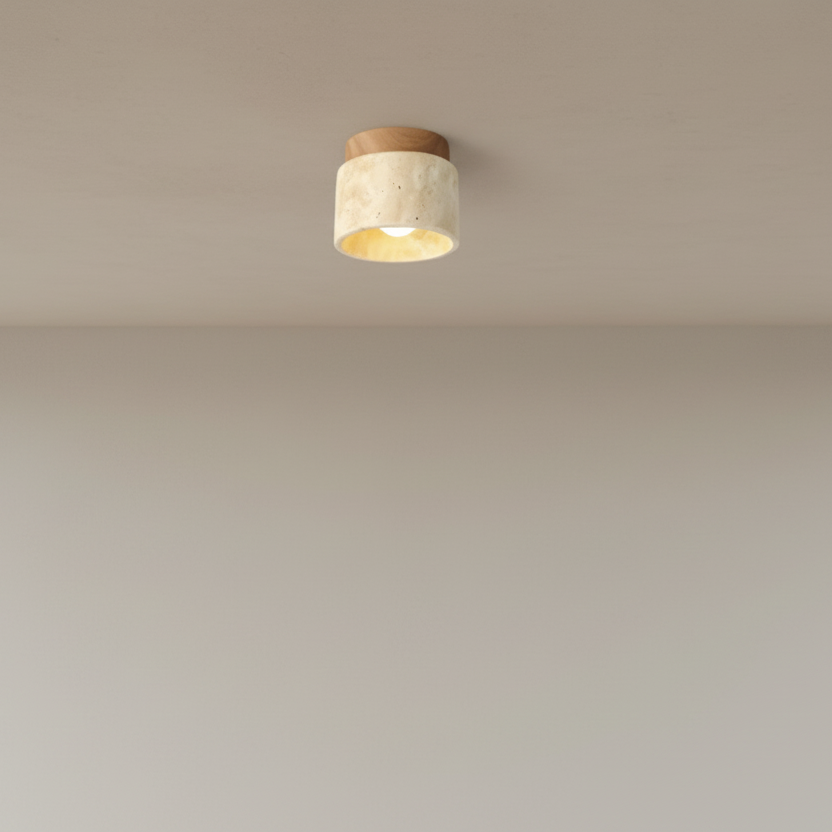 Cylindrical light fixture with wooden top and beige body on a white background