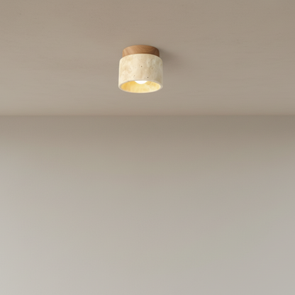 Cylindrical light fixture with wooden top and beige body on a white background